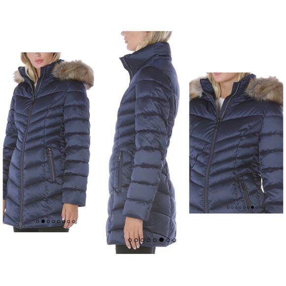 NWT INC International Concepts Faux-Fur Trim Hooded Puffer Co Royal blue S - Picture 5 of 16